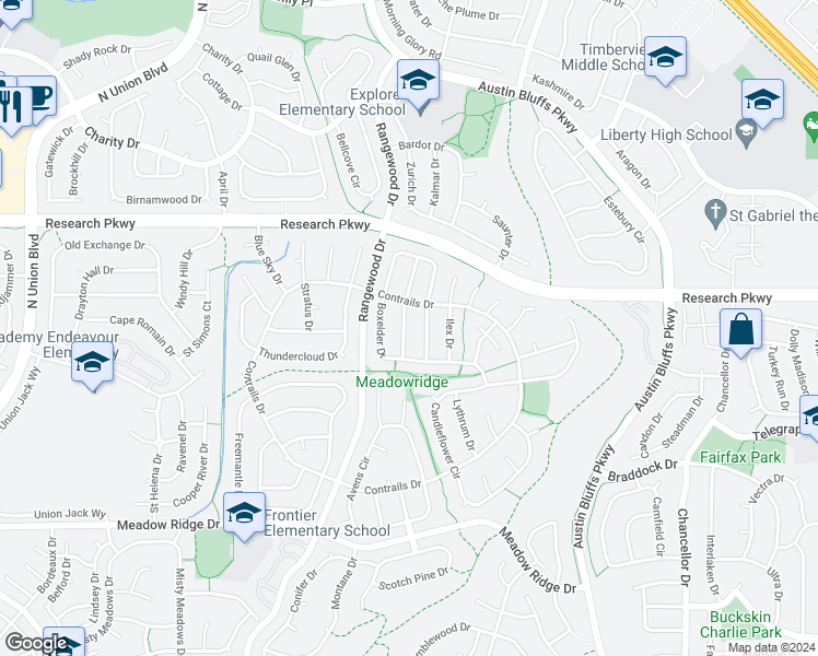 map of restaurants, bars, coffee shops, grocery stores, and more near 8415 Sassafras Drive in Colorado Springs