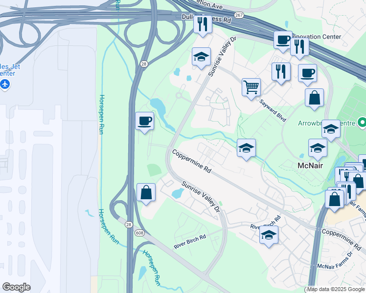 map of restaurants, bars, coffee shops, grocery stores, and more near Unnamed Road in Herndon