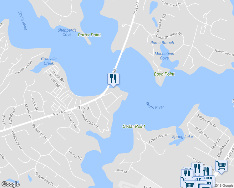 map of restaurants, bars, coffee shops, grocery stores, and more near 2810 White House Road in Riva