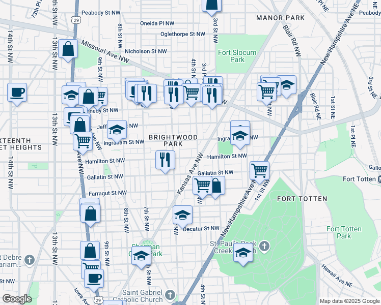 map of restaurants, bars, coffee shops, grocery stores, and more near 411 Hamilton Street Northwest in Washington