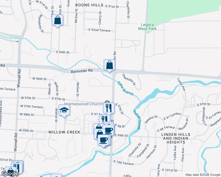 map of restaurants, bars, coffee shops, grocery stores, and more near 9600 Holmes Road in Kansas City