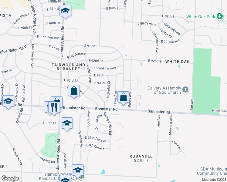 map of restaurants, bars, coffee shops, grocery stores, and more near 9312 Lewis Avenue in Kansas City