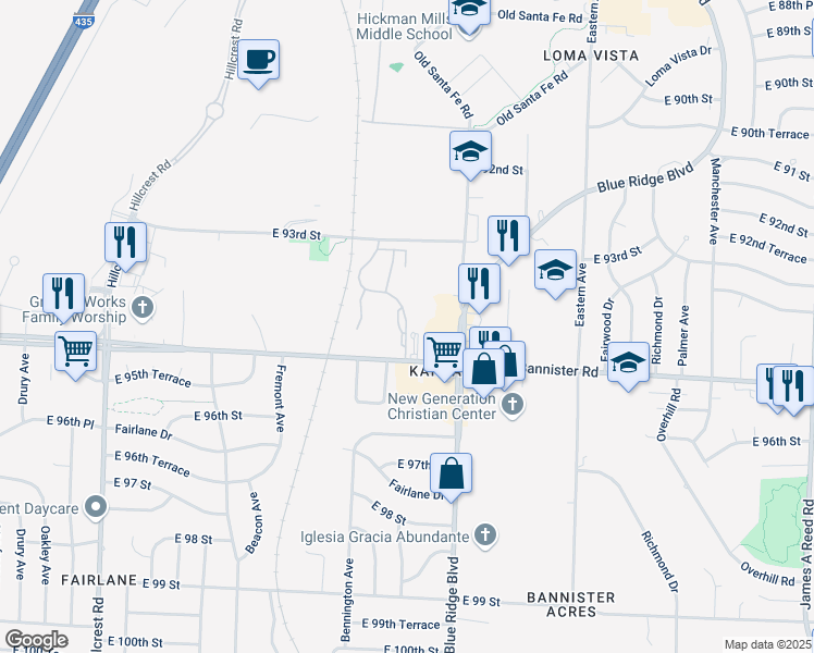 map of restaurants, bars, coffee shops, grocery stores, and more near 9438 Newton Avenue in Kansas City