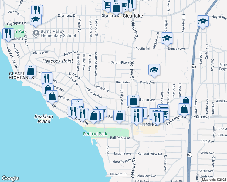 map of restaurants, bars, coffee shops, grocery stores, and more near 14880 Valley Avenue in Clearlake