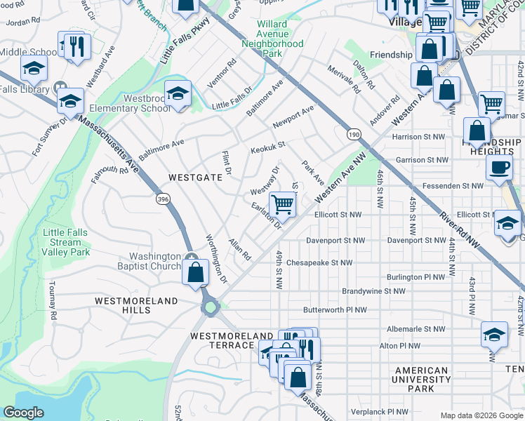 map of restaurants, bars, coffee shops, grocery stores, and more near Earlston Dr & Bayard Blvd in Bethesda