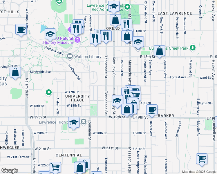 map of restaurants, bars, coffee shops, grocery stores, and more near 1703 Tennessee Street in Lawrence