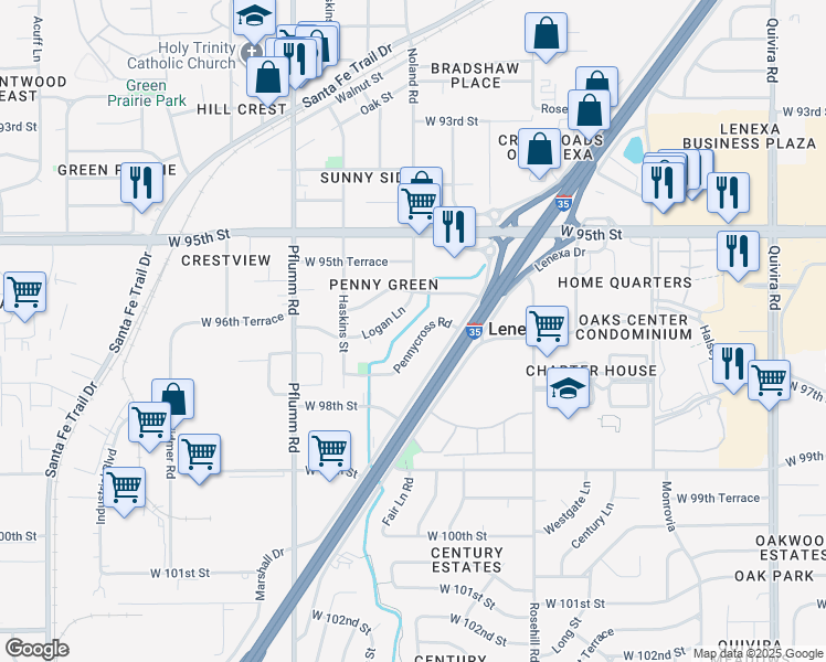 map of restaurants, bars, coffee shops, grocery stores, and more near 13011 Pennycross Road in Lenexa