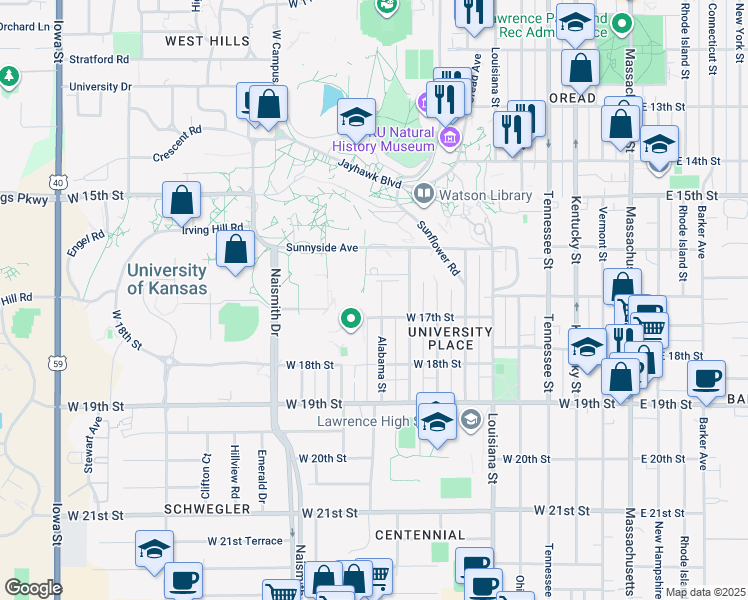 map of restaurants, bars, coffee shops, grocery stores, and more near 1631 Alabama St in Lawrence