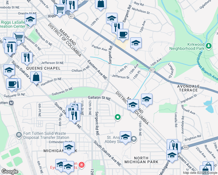 map of restaurants, bars, coffee shops, grocery stores, and more near 5101 Sargent Road Northeast in Washington