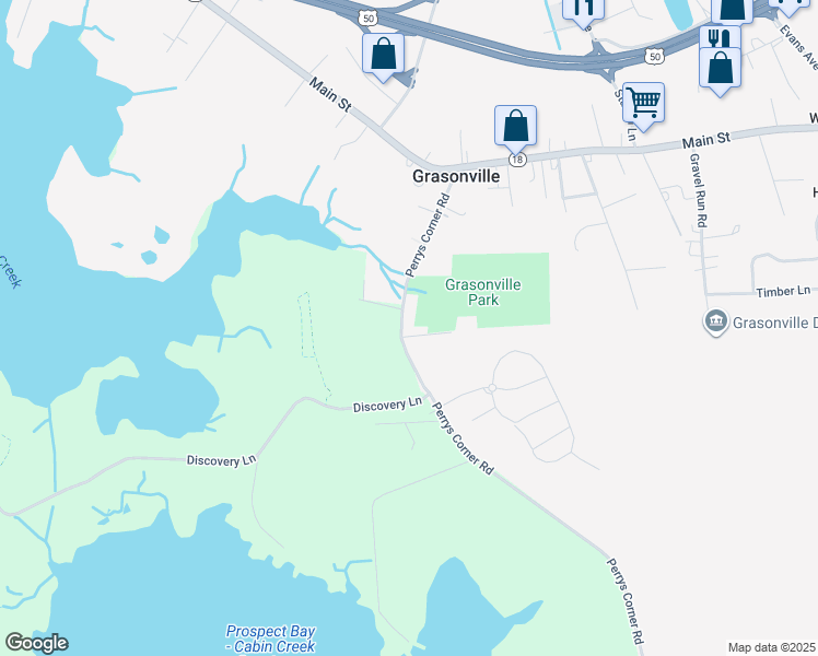 map of restaurants, bars, coffee shops, grocery stores, and more near 327 Perrys Corner Road in Grasonville