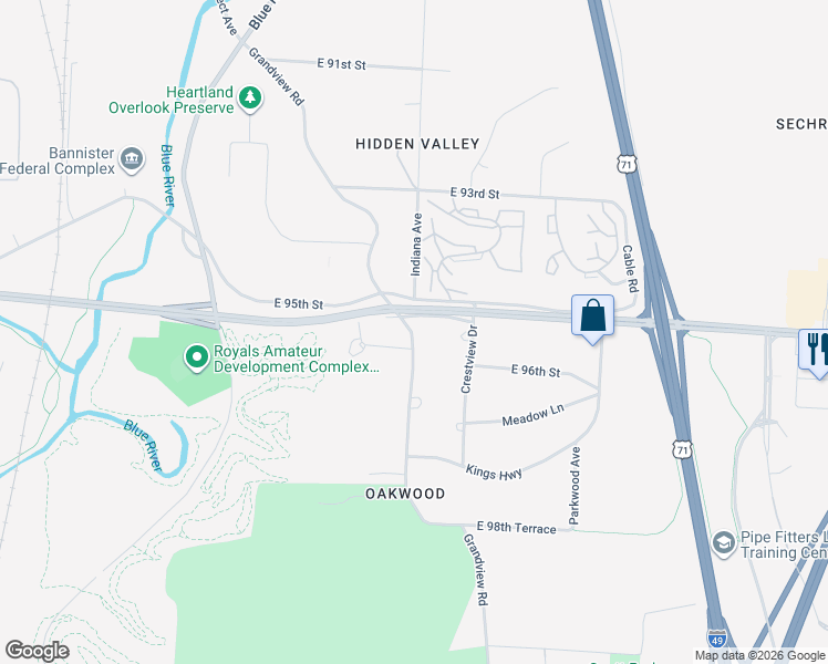 map of restaurants, bars, coffee shops, grocery stores, and more near 9509 Grandview Road in Kansas City