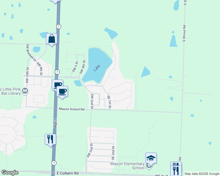 map of restaurants, bars, coffee shops, grocery stores, and more near 105 Southeast Riley Street in Blue Springs