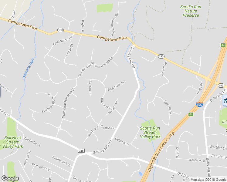 map of restaurants, bars, coffee shops, grocery stores, and more near 7521 Royal Oak Drive in McLean