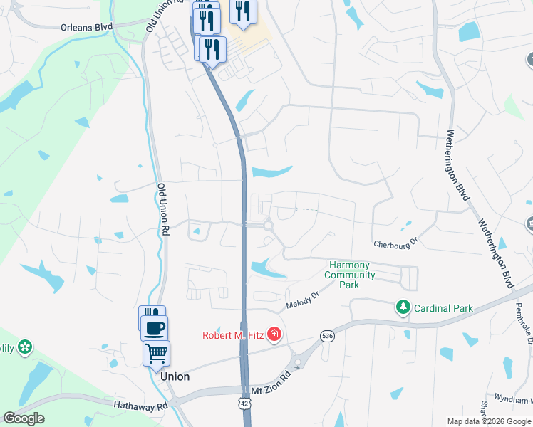 map of restaurants, bars, coffee shops, grocery stores, and more near 1916 Prosperity Court in Union