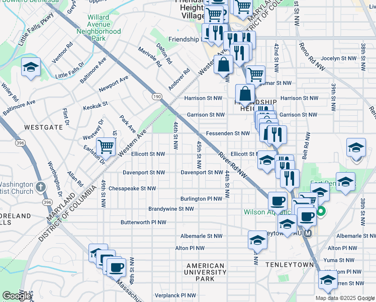 map of restaurants, bars, coffee shops, grocery stores, and more near 4509 Ellicott Street Northwest in Washington