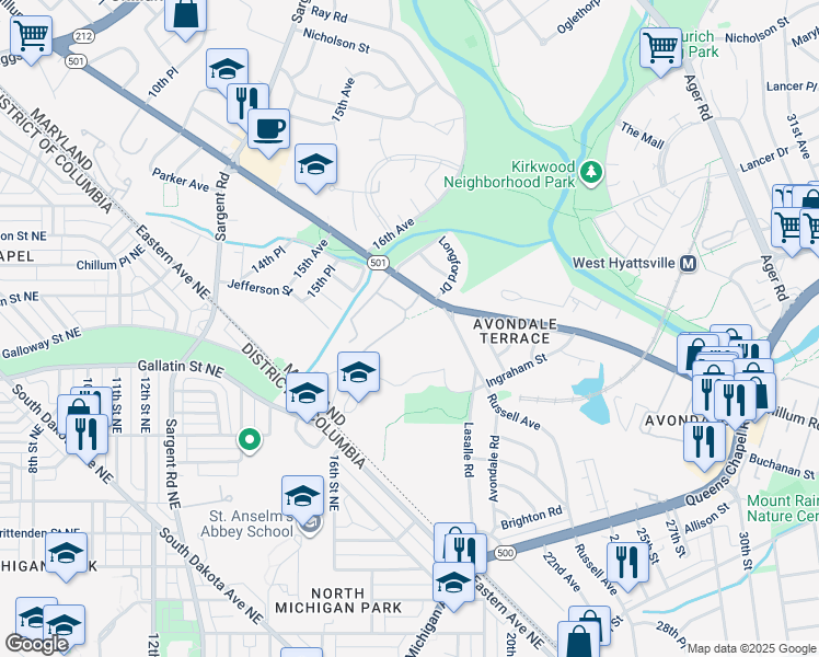 map of restaurants, bars, coffee shops, grocery stores, and more near 5455 16th Avenue in Chillum