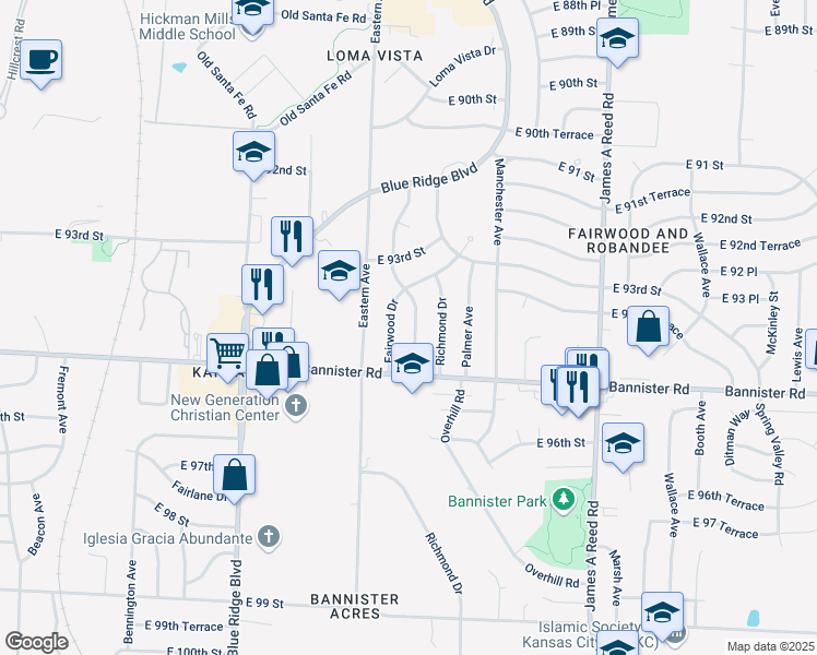 map of restaurants, bars, coffee shops, grocery stores, and more near 9402 Oakland Avenue in Kansas City