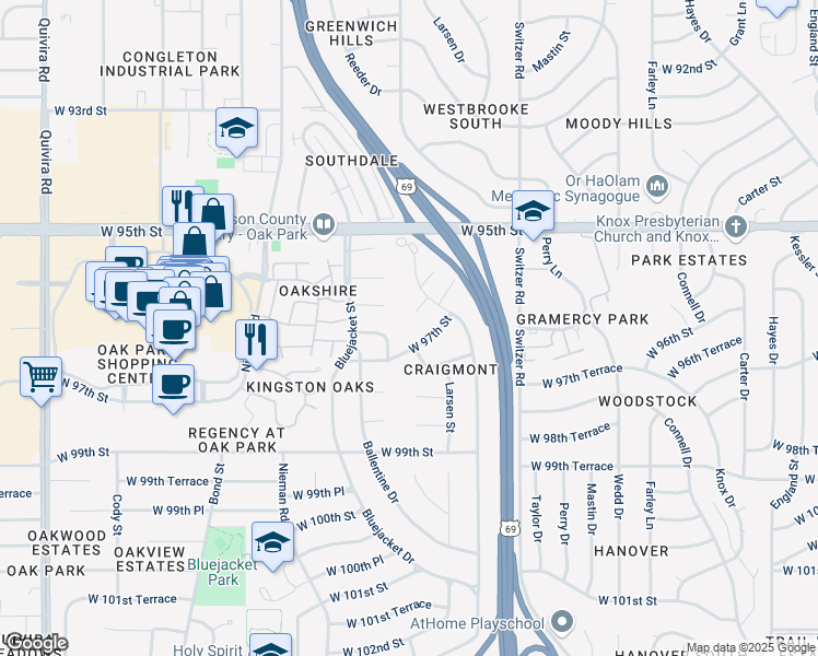 map of restaurants, bars, coffee shops, grocery stores, and more near 10714 West 96th Place in Overland Park