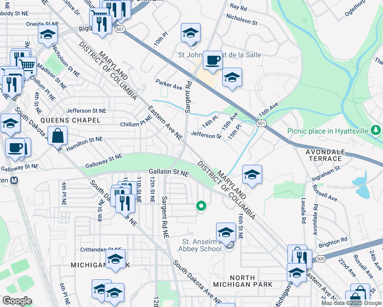map of restaurants, bars, coffee shops, grocery stores, and more near 5036 Eastern Avenue Northeast in Washington