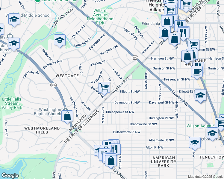 map of restaurants, bars, coffee shops, grocery stores, and more near 4900 Western Avenue Northwest in Bethesda