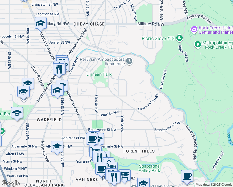 map of restaurants, bars, coffee shops, grocery stores, and more near 3033 Ellicott Street Northwest in Washington