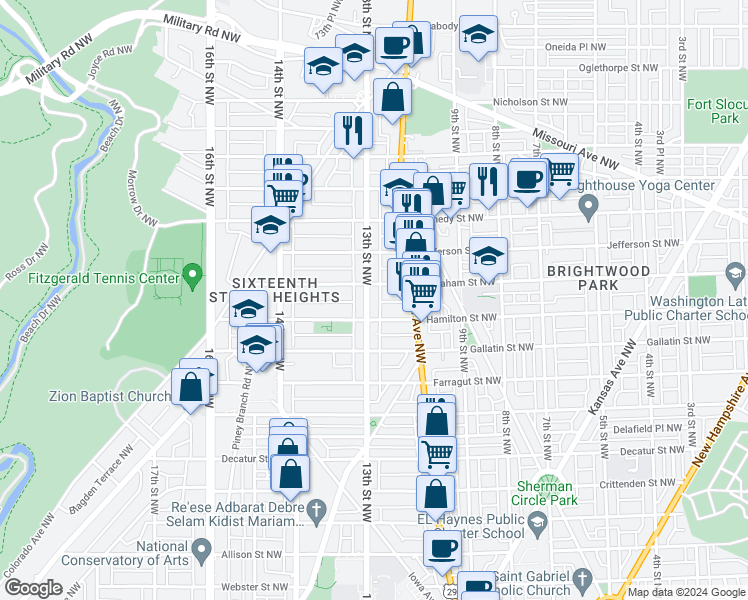 map of restaurants, bars, coffee shops, grocery stores, and more near 5209 13th Street Northwest in Washington