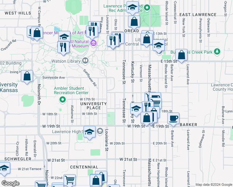 map of restaurants, bars, coffee shops, grocery stores, and more near 415 West 17th Street in Lawrence