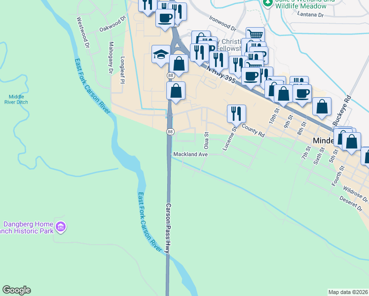 map of restaurants, bars, coffee shops, grocery stores, and more near 1690 Mackland Avenue in Minden