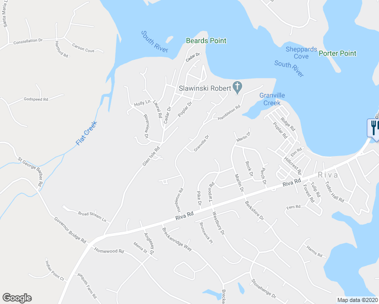 map of restaurants, bars, coffee shops, grocery stores, and more near 2817 Hambleton Road in Riva