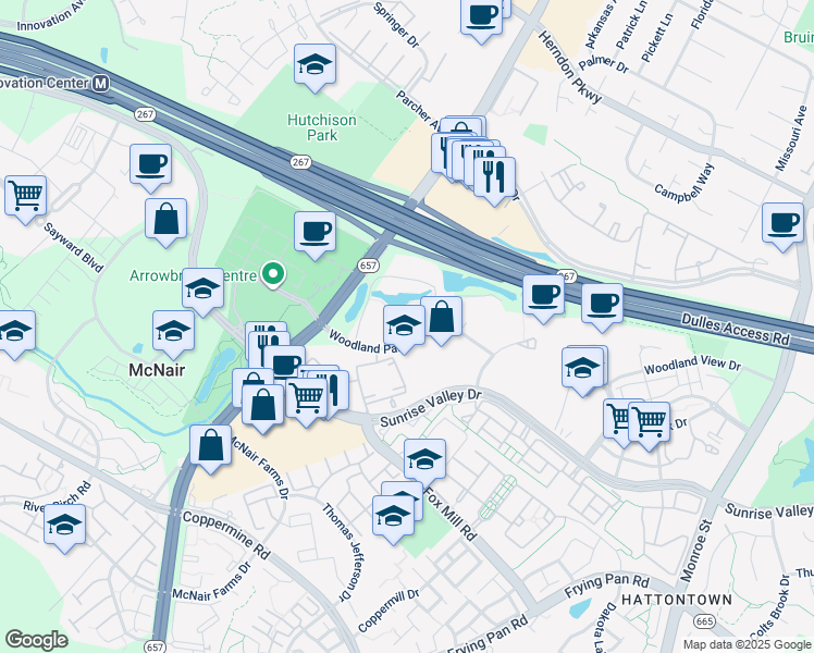 map of restaurants, bars, coffee shops, grocery stores, and more near 13248 Lake Woodland Way in Herndon