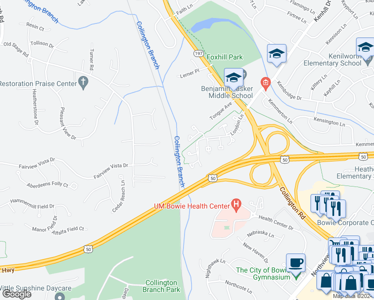 map of restaurants, bars, coffee shops, grocery stores, and more near 14535 London Lane in Bowie