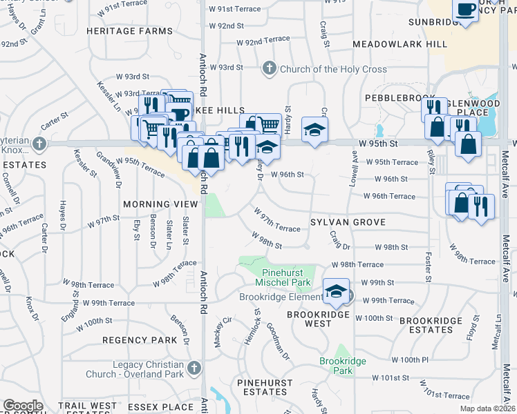 map of restaurants, bars, coffee shops, grocery stores, and more near 8400 West 97th Terrace in Overland Park