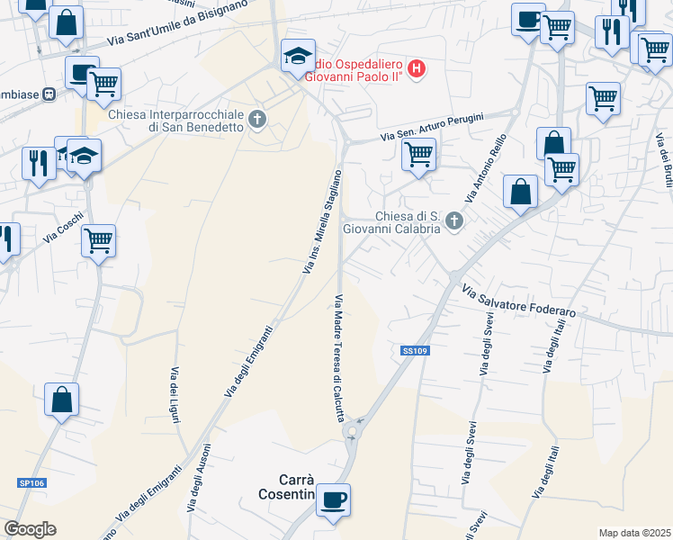 map of restaurants, bars, coffee shops, grocery stores, and more near 105 Via degli Enotri in Lamezia Terme