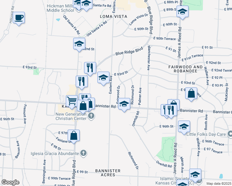 map of restaurants, bars, coffee shops, grocery stores, and more near 9404 Fairwood Drive in Kansas City