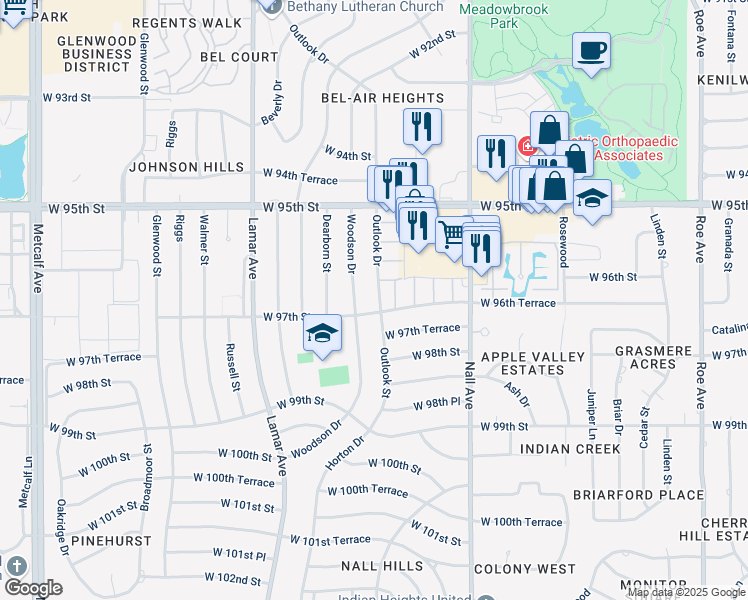 map of restaurants, bars, coffee shops, grocery stores, and more near 9638 Outlook Drive in Overland Park