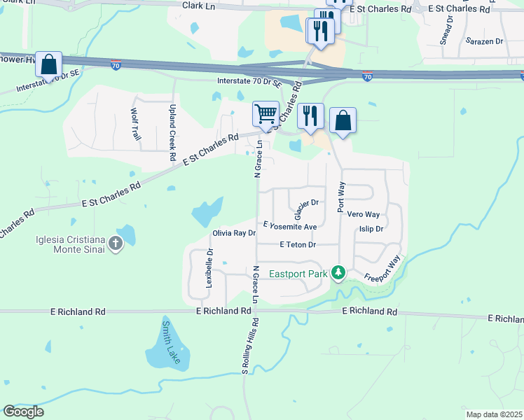 map of restaurants, bars, coffee shops, grocery stores, and more near 456 N Grace Ln in Columbia