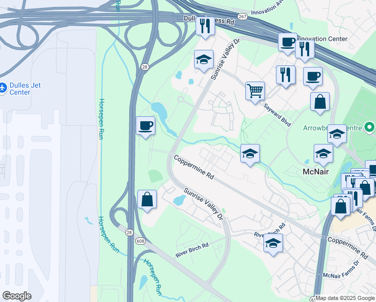 map of restaurants, bars, coffee shops, grocery stores, and more near 13800 Coppermine Road in Herndon