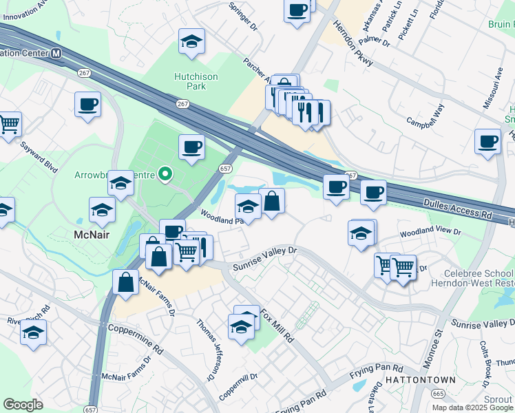 map of restaurants, bars, coffee shops, grocery stores, and more near 13214 Woodland Park Road in Herndon