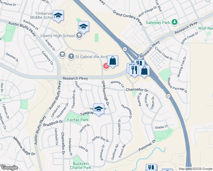 map of restaurants, bars, coffee shops, grocery stores, and more near 8615 Massey Circle in Colorado Springs