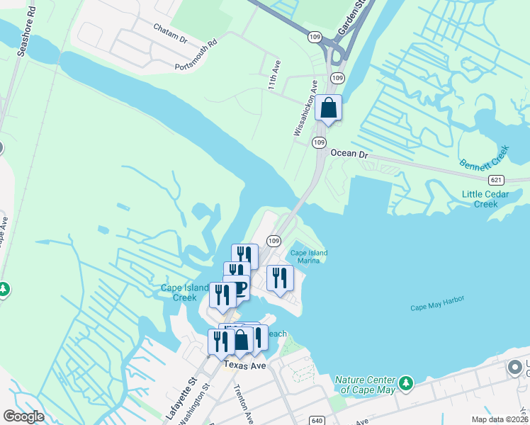 map of restaurants, bars, coffee shops, grocery stores, and more near 1101 Wissahickon Avenue in Cape May