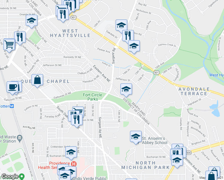 map of restaurants, bars, coffee shops, grocery stores, and more near 101 Independence Avenue Southeast in Washington