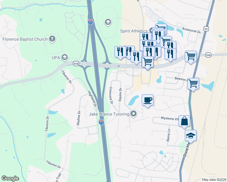 map of restaurants, bars, coffee shops, grocery stores, and more near 10103 Squire Drive in Florence