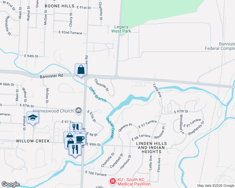 map of restaurants, bars, coffee shops, grocery stores, and more near 9543 Harrison Street in Kansas City