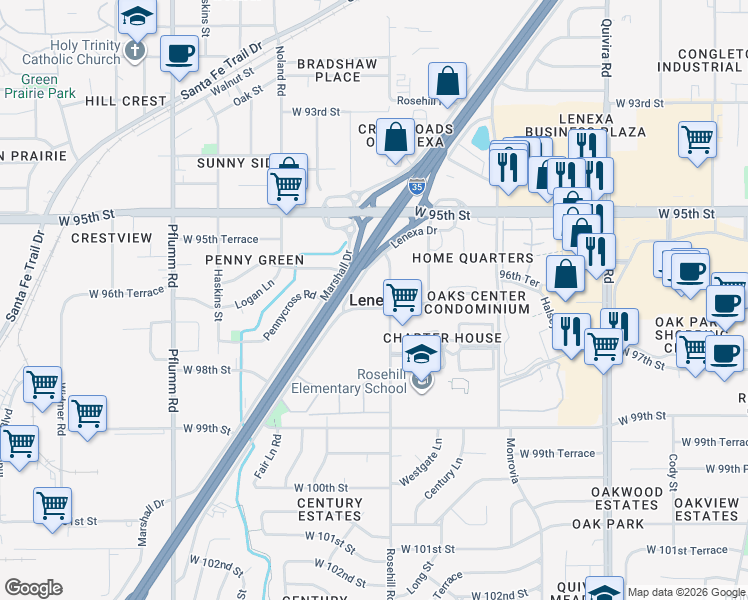 map of restaurants, bars, coffee shops, grocery stores, and more near in Overland Park