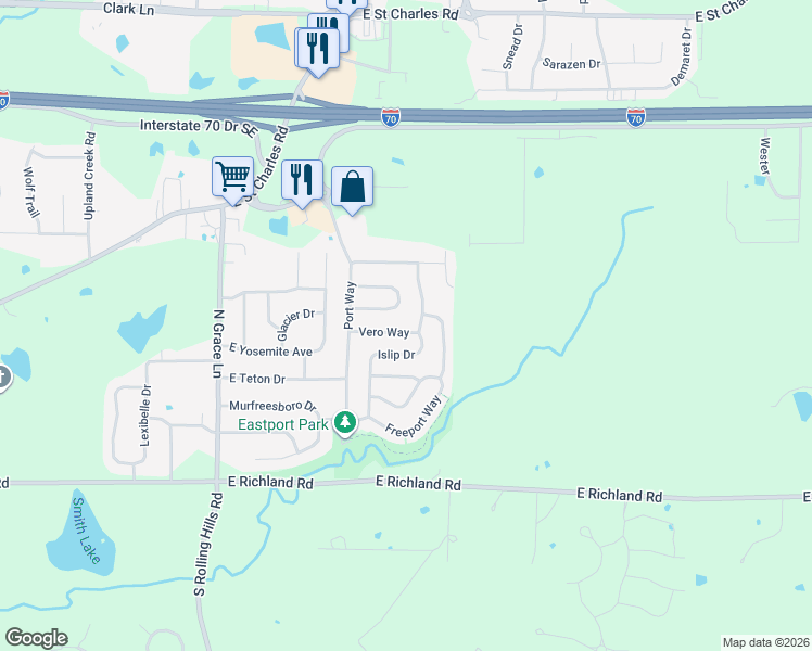 map of restaurants, bars, coffee shops, grocery stores, and more near 5805 Vero Way in Columbia