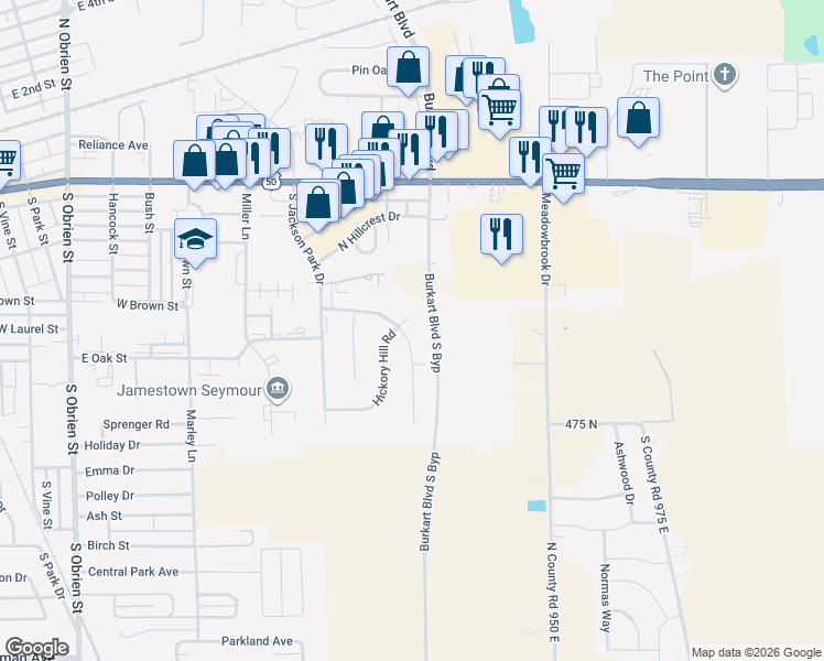 map of restaurants, bars, coffee shops, grocery stores, and more near 705 South Sycamore Road in Seymour