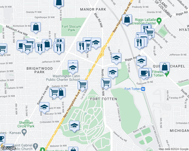map of restaurants, bars, coffee shops, grocery stores, and more near 47 Hamilton Street Northwest in Washington