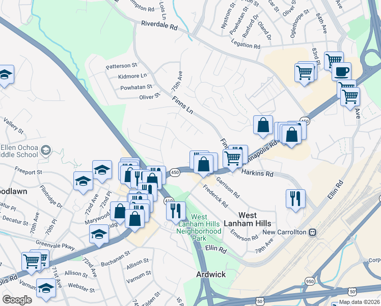 map of restaurants, bars, coffee shops, grocery stores, and more near 7513 Garrison Road in Hyattsville