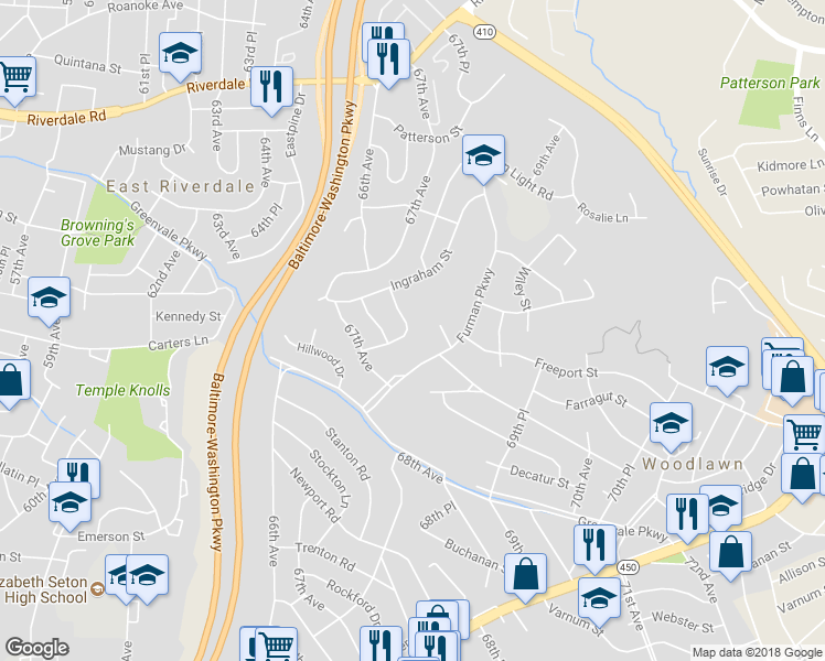 map of restaurants, bars, coffee shops, grocery stores, and more near 6721 Hamilton Street in Woodlawn