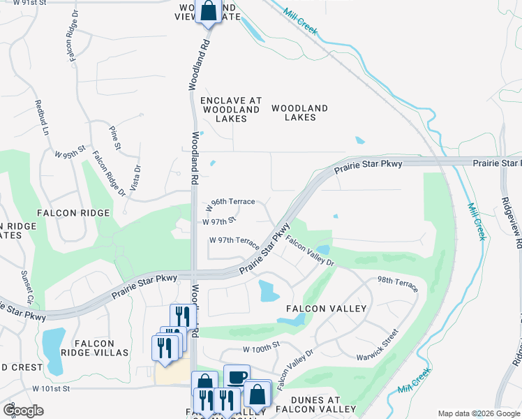 map of restaurants, bars, coffee shops, grocery stores, and more near 9618 Falcon Valley Drive in Lenexa